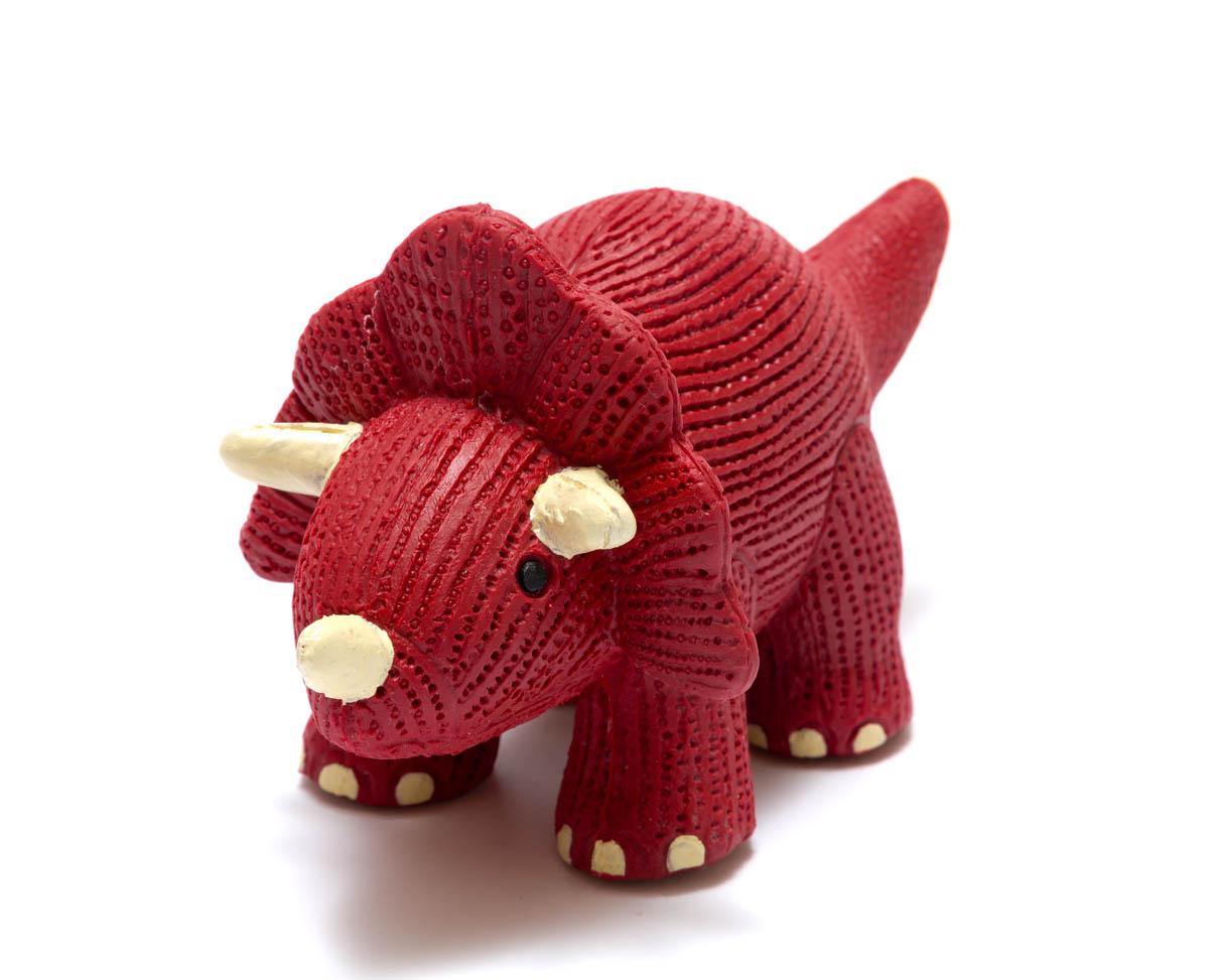Red natural rubber triceratops dinosaur toy for babies with white horns and textured finish